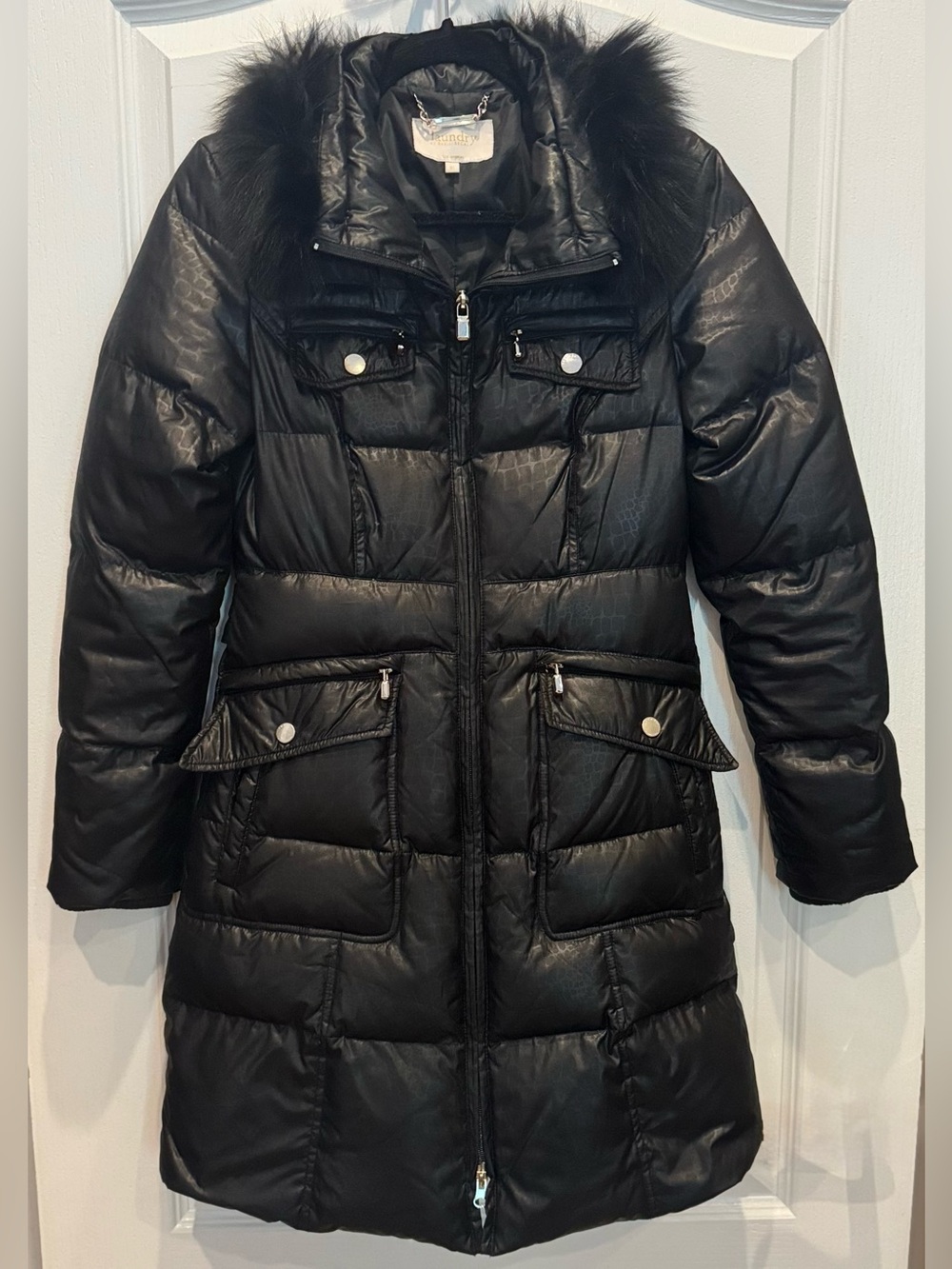 LAUNDRY BY SHELLI SEGAL Quilted Down Puffer Coat Removable Fox Fur Collar XS Blk